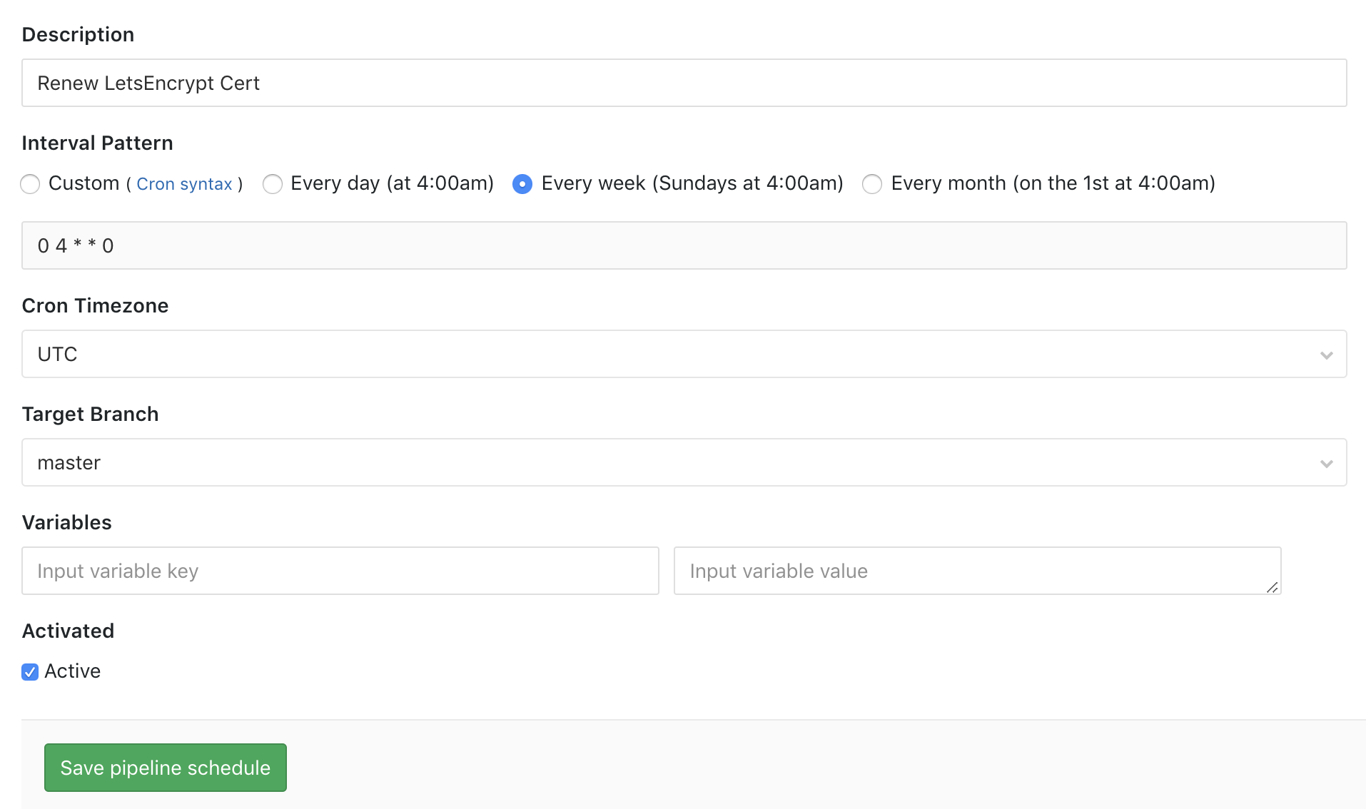 Let's Encrypt renew pipeline schedule settings